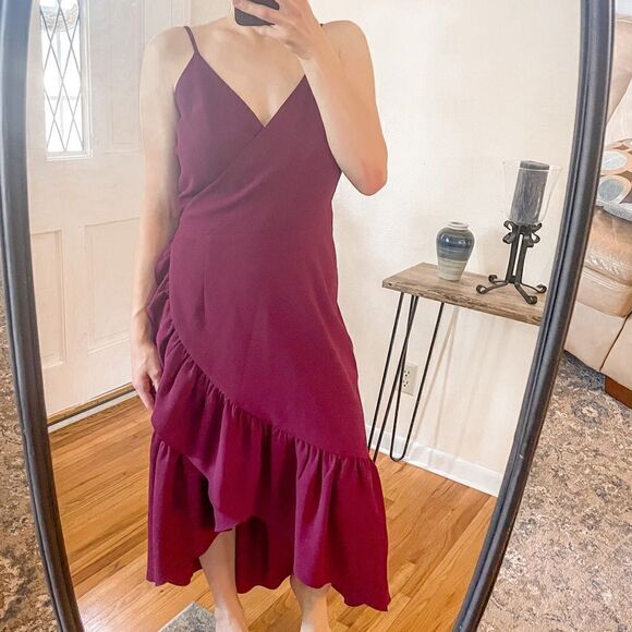 Dress The Population Delphine Wrap Midi Dress Magenta - Picture 1 of 10